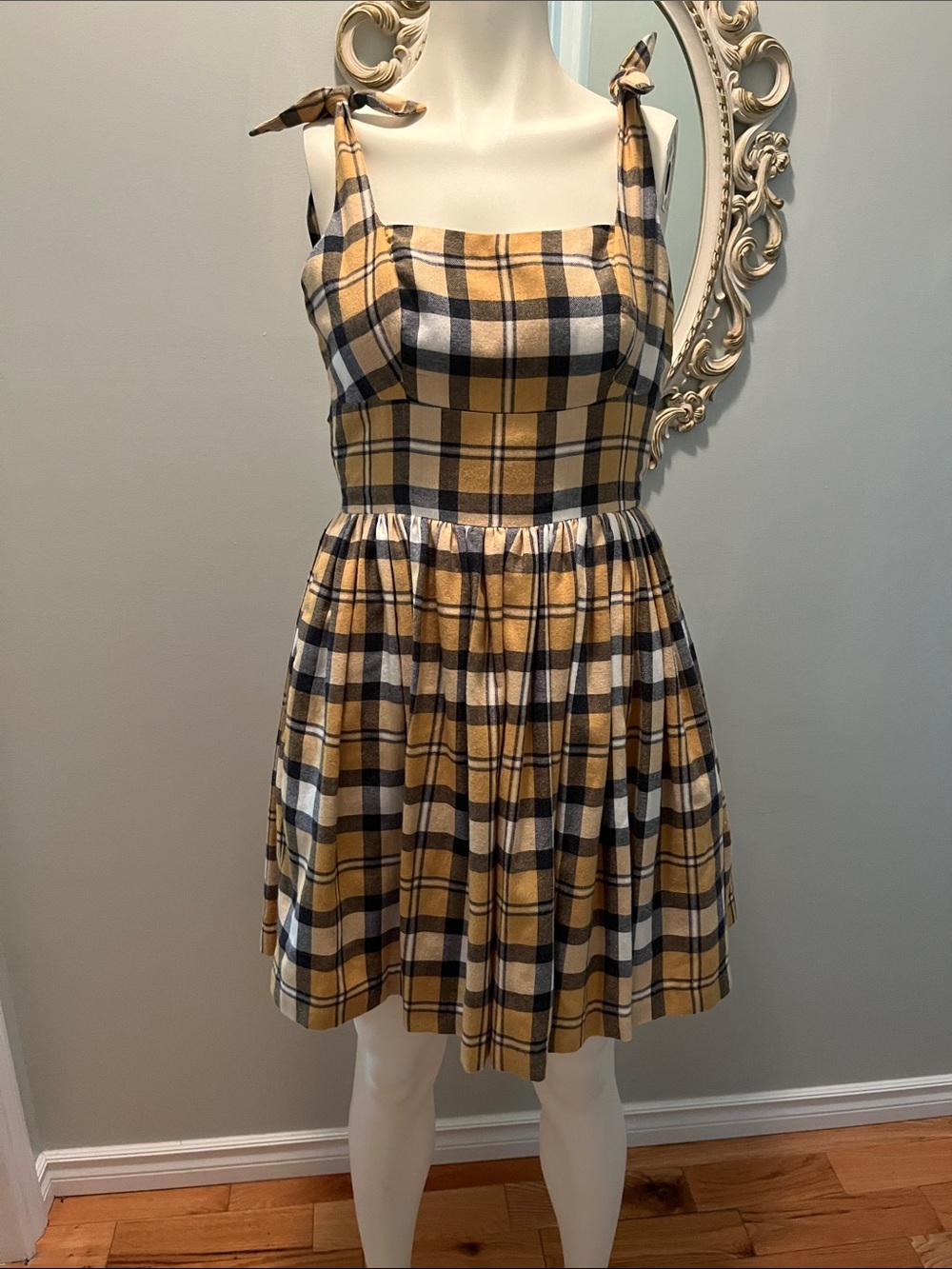Plaid Tie-Strap Sundress in Mustard and Black
